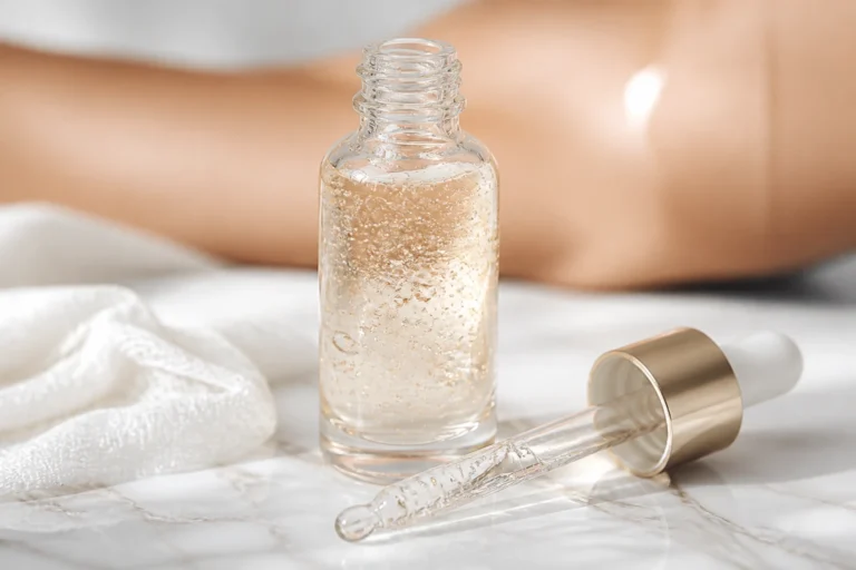 Flacon de soin ciblé anti-imperfections posé sur une surface marbre claire