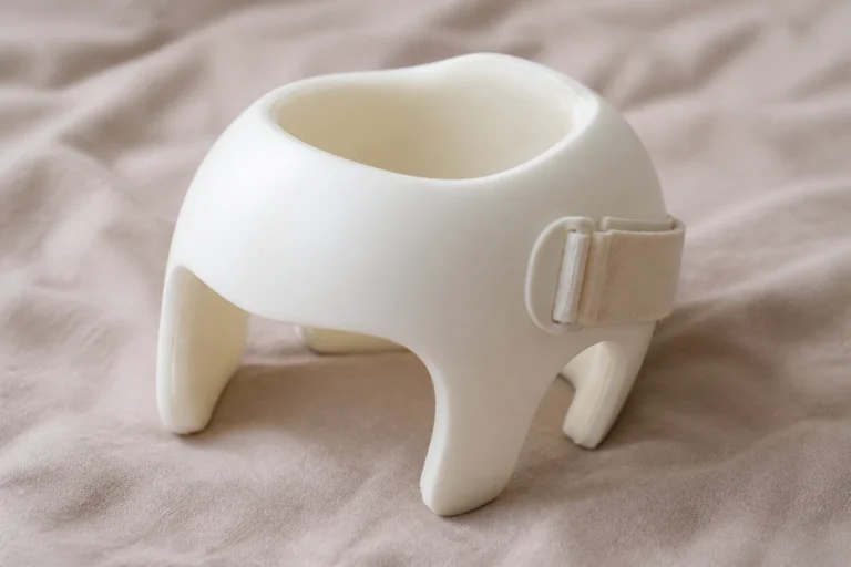 Casque orthopédique de correction crânienne posé sur un tissu doux