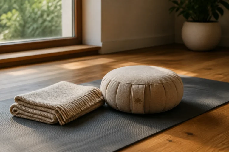 Tapis de yoga et coussin dans une pièce lumineuse, ambiance bien-être et détente
