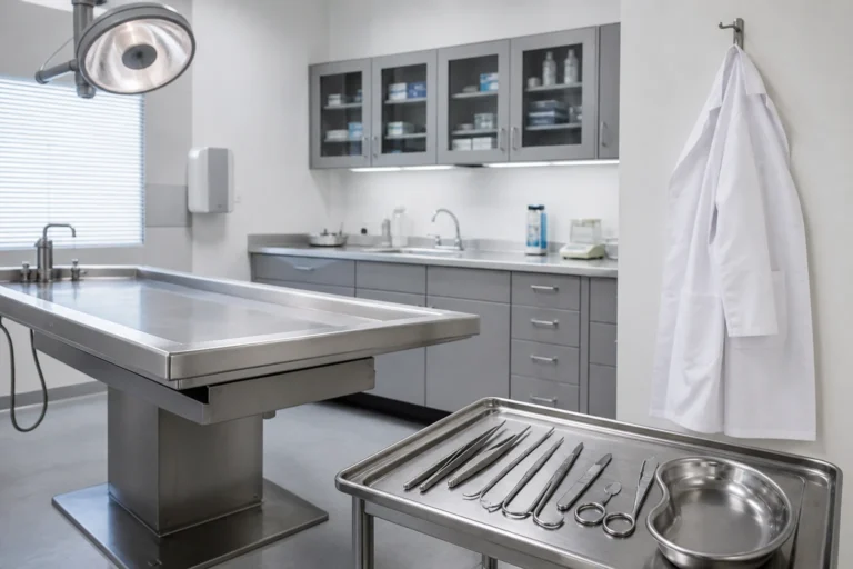 Salle d'examen médico-légal avec table en inox et instruments médicaux