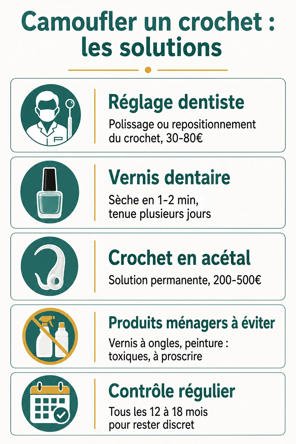 Camoufler un crochet : les solutions : Réglage dentiste, Vernis dentaire, Crochet en acétal, Produits ménagers à éviter, Contrôle régulier