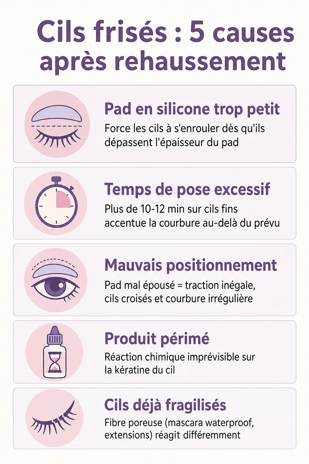 Cils frisés : 5 causes après rehaussement : Pad en silicone trop petit, Temps de pose excessif, Mauvais positionnement, Produit périmé, Cils déjà fragilisés