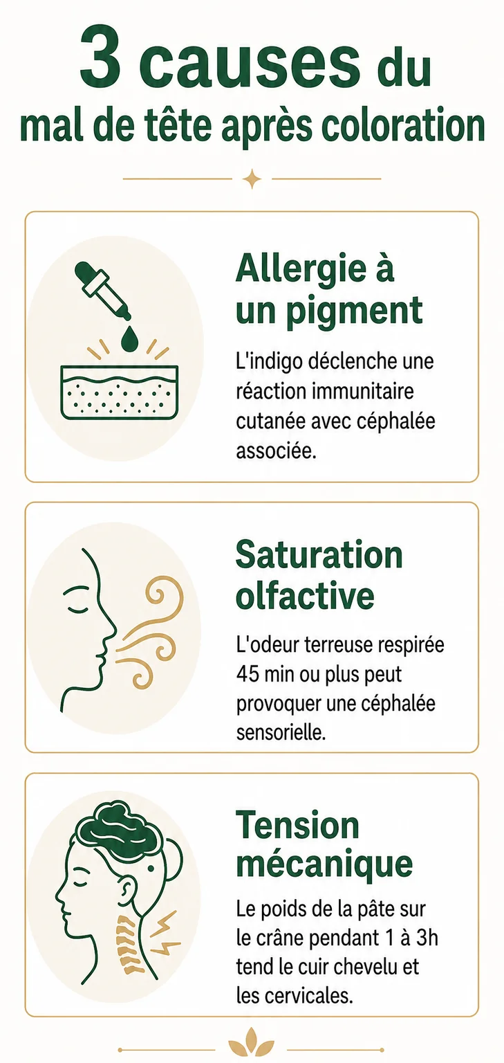 3 causes du mal de tête après coloration : Allergie à un pigment, Saturation olfactive, Tension mécanique