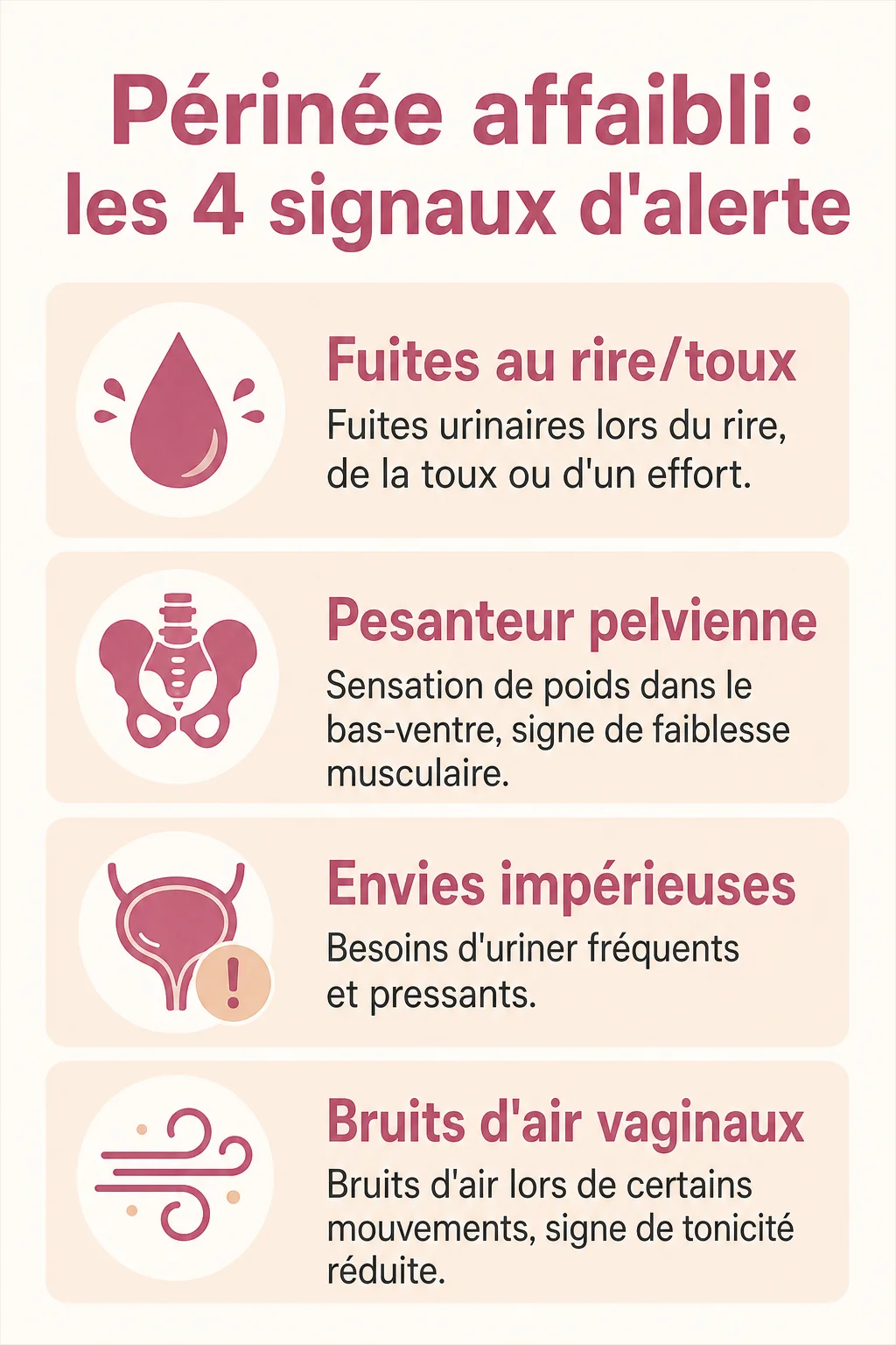 Périnée affaibli : les 4 signaux d'alerte : Fuites au rire/toux, Pesanteur pelvienne, Envies impérieuses, Bruits d'air vaginaux
