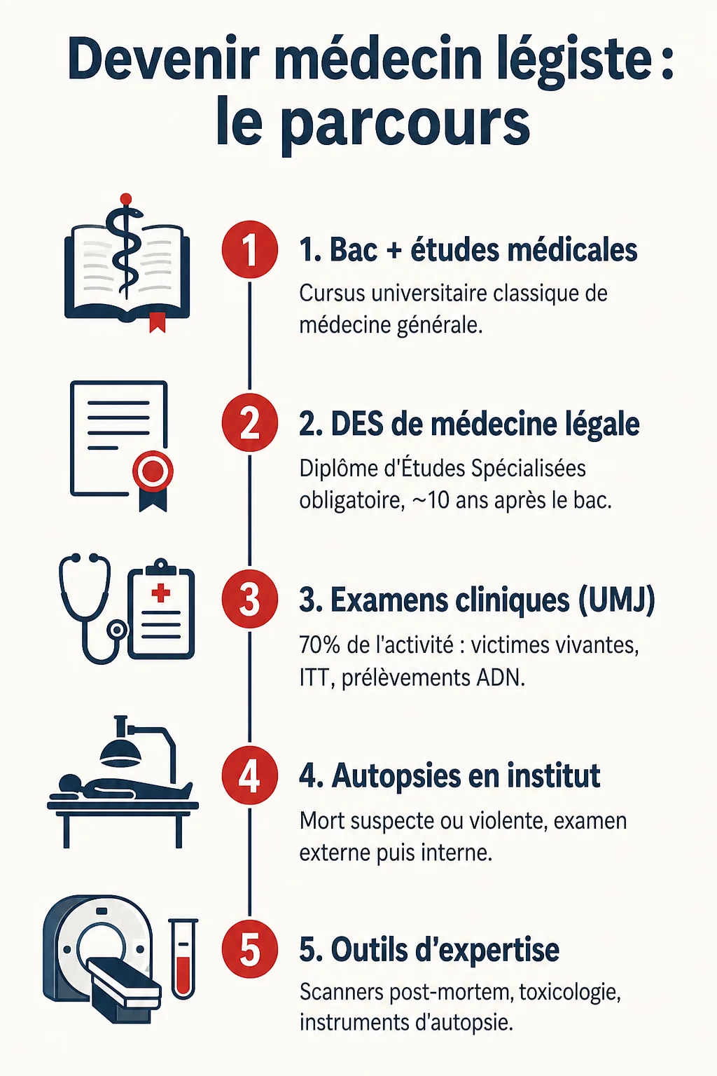 Devenir médecin légiste : le parcours : 1. Bac + études médicales, 2. DES de médecine légale, 3. Examens cliniques (UMJ), 4. Autopsies en institut, 5. Outils d'expertise