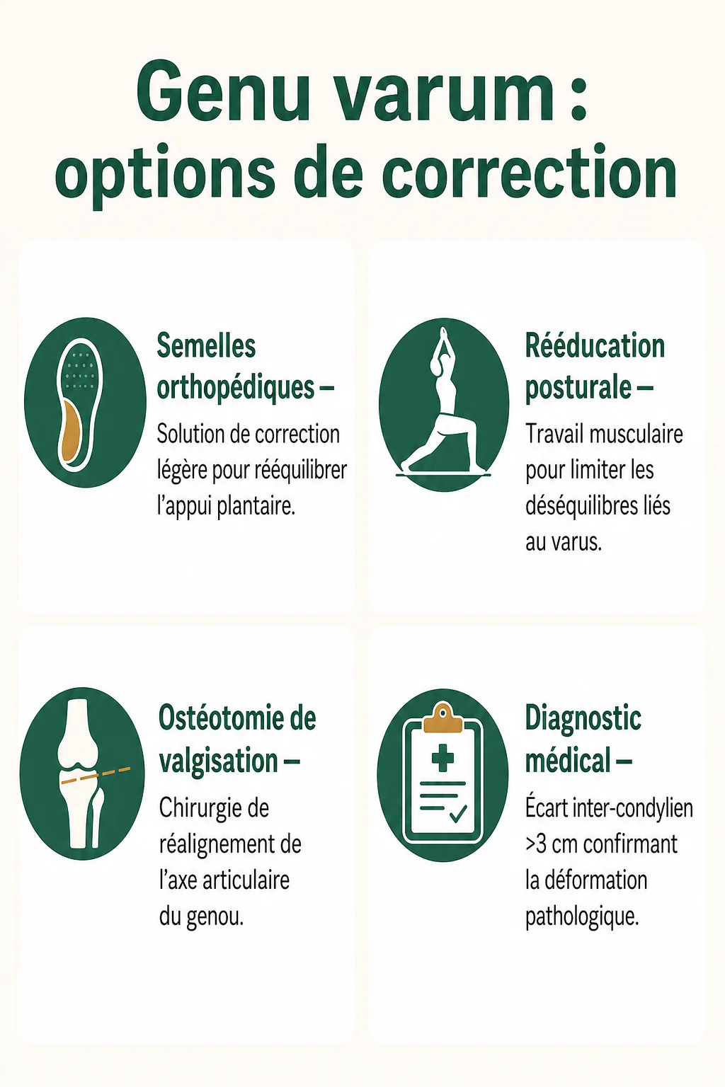 Genu varum : options de correction : Semelles orthopédiques, Rééducation posturale, Ostéotomie de valgisation, Diagnostic médical