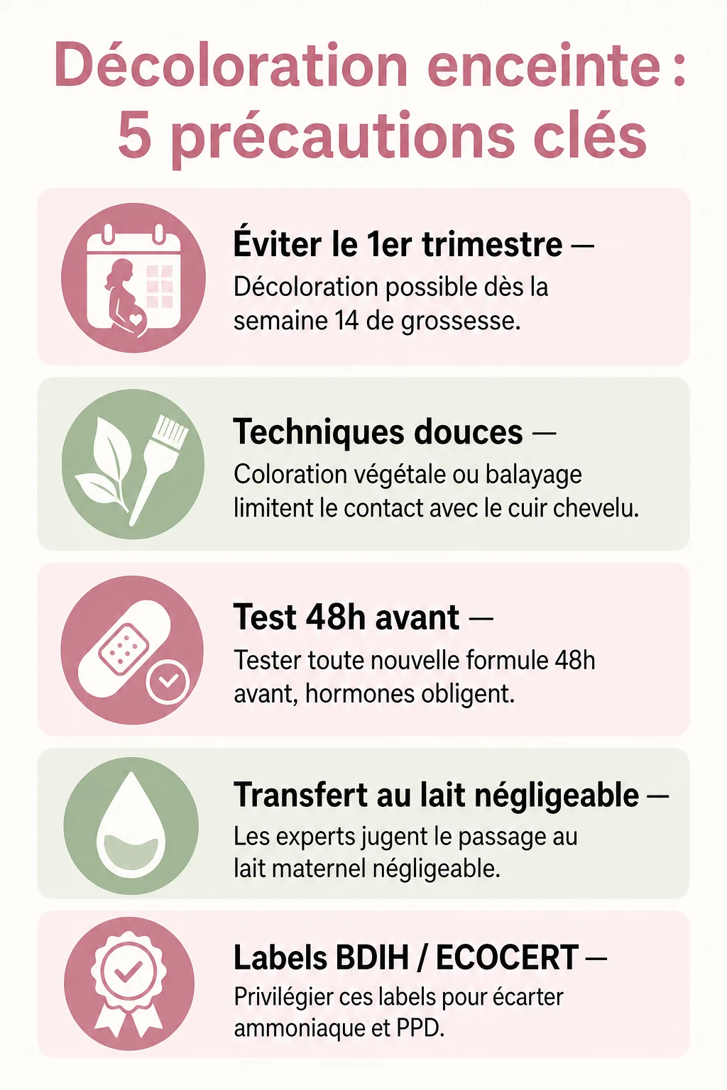 Décoloration enceinte : 5 précautions clés : Éviter le 1er trimestre, Techniques douces, Test 48h avant, Transfert au lait négligeable, Labels BDIH / ECOCERT