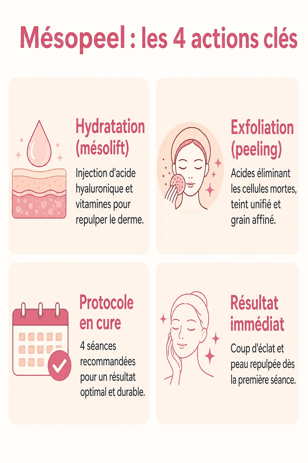 Mésopeel : les 4 actions clés : Hydratation (mésolift), Exfoliation (peeling), Protocole en cure, Résultat immédiat