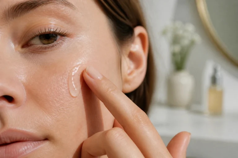 Application de sérum hydratant sur la peau du visage, gros plan texture saine