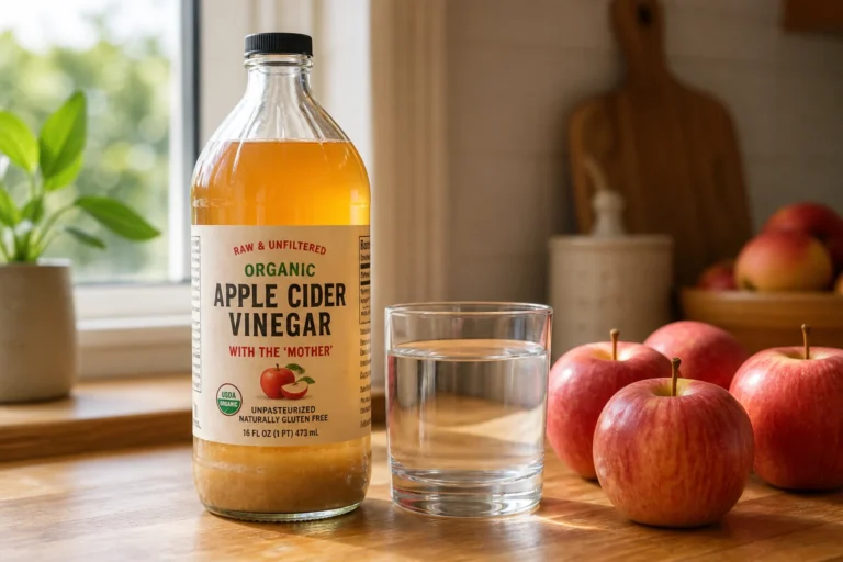 Bouteille de vinaigre de cidre non filtré avec sa mère, pommes fraîches et verre d'eau