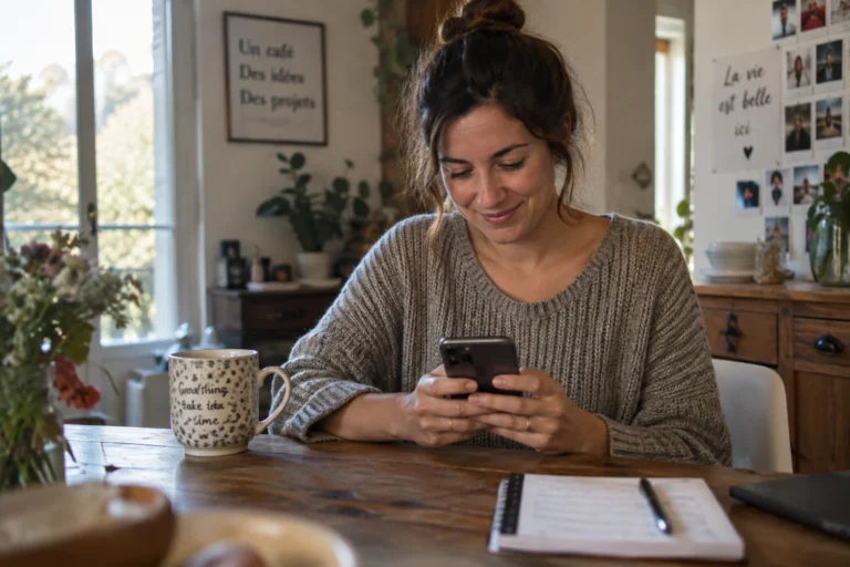 Femme souriante rédigeant sa description de profil sur son smartphone dans un salon chaleureux