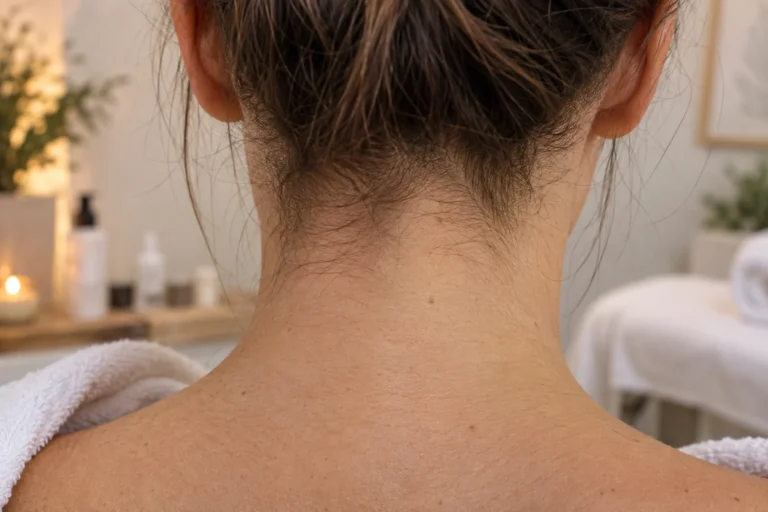 Gros plan sur la nuque montrant une zone de peau irritée près de la ligne des cheveux