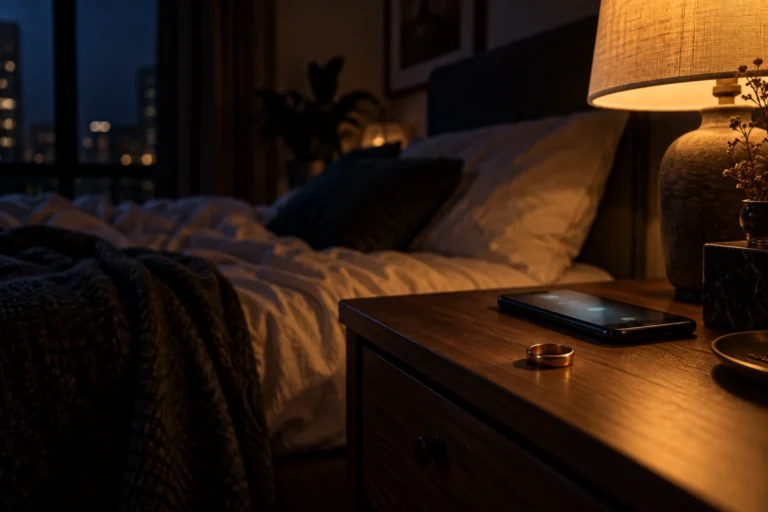 Alliance posée près d'un téléphone illuminé sur une table de nuit, ambiance nocturne intime