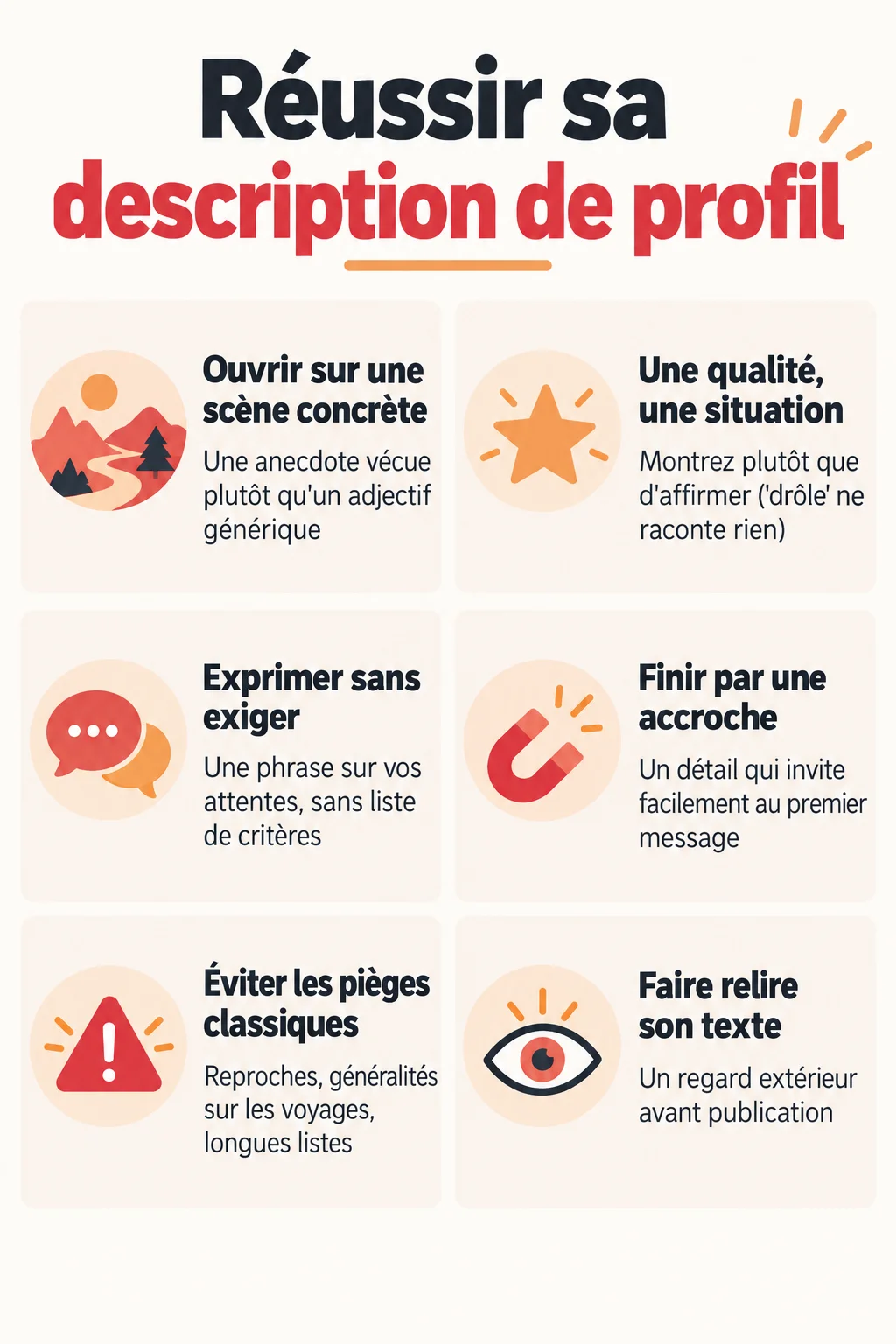 Réussir sa description de profil : Ouvrir sur une scène concrète, Une qualité, une situation, Exprimer sans exiger, Finir par une accroche, Éviter les pièges classiques, Faire relire son texte
