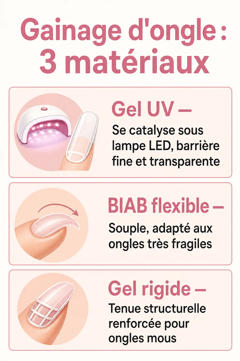 Gainage d'ongle : 3 matériaux : Gel UV, BIAB flexible, Gel rigide