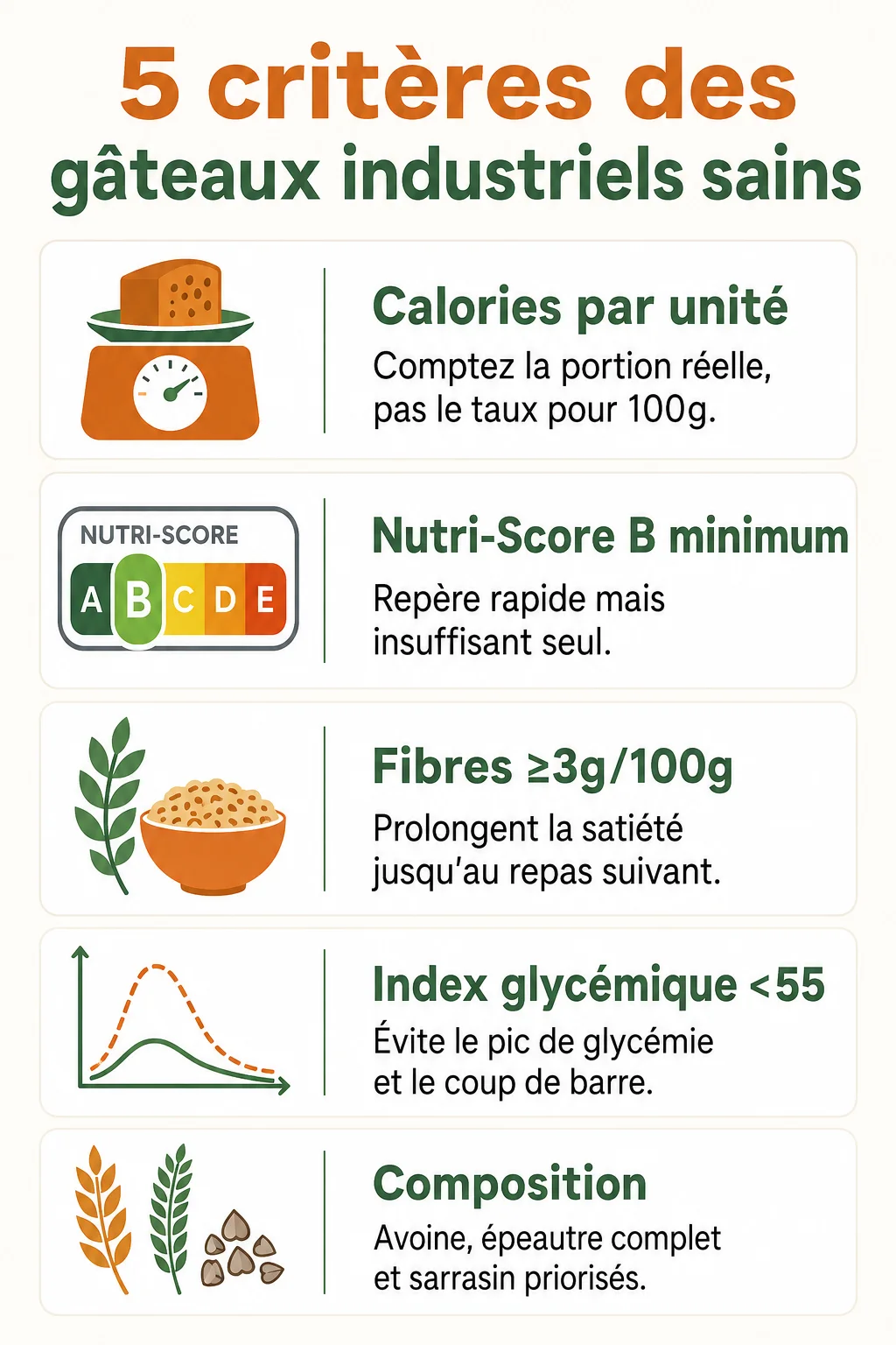 5 critères des gâteaux industriels sains : Calories par unité, Nutri-Score B minimum, Fibres ≥3g/100g, Index glycémique <55, Composition