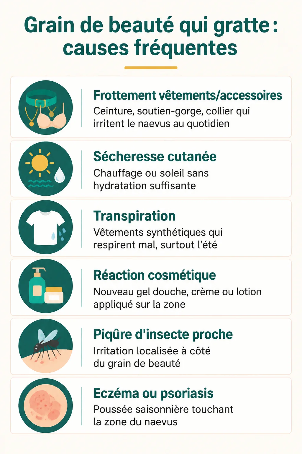 Grain de beauté qui gratte : causes fréquentes : Frottement vêtements/accessoires, Sécheresse cutanée, Transpiration, Réaction cosmétique, Piqûre d'insecte proche, Eczéma ou psoriasis