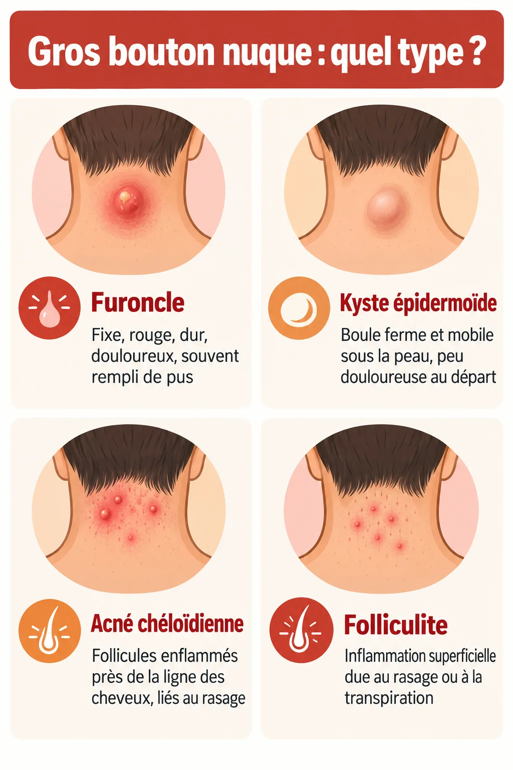 Gros bouton nuque : quel type ? : Furoncle, Kyste épidermoïde, Acné chéloïdienne, Folliculite