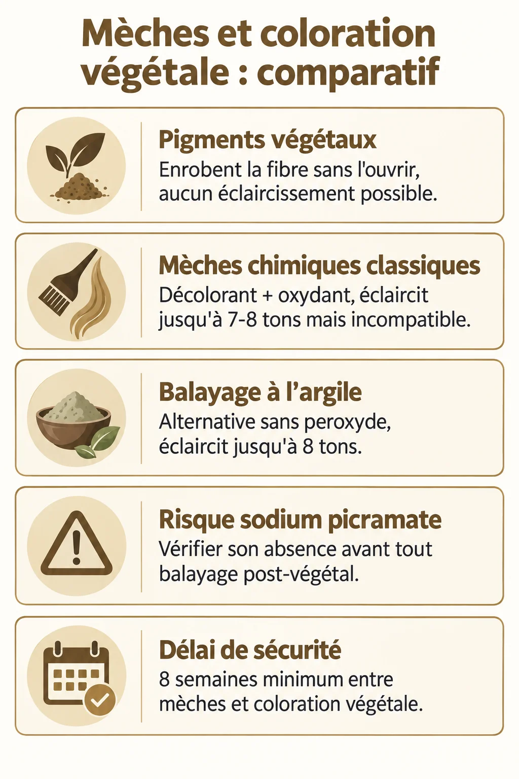 Mèches et coloration végétale : comparatif : Pigments végétaux, Mèches chimiques classiques, Balayage à l'argile, Risque sodium picramate, Délai de sécurité