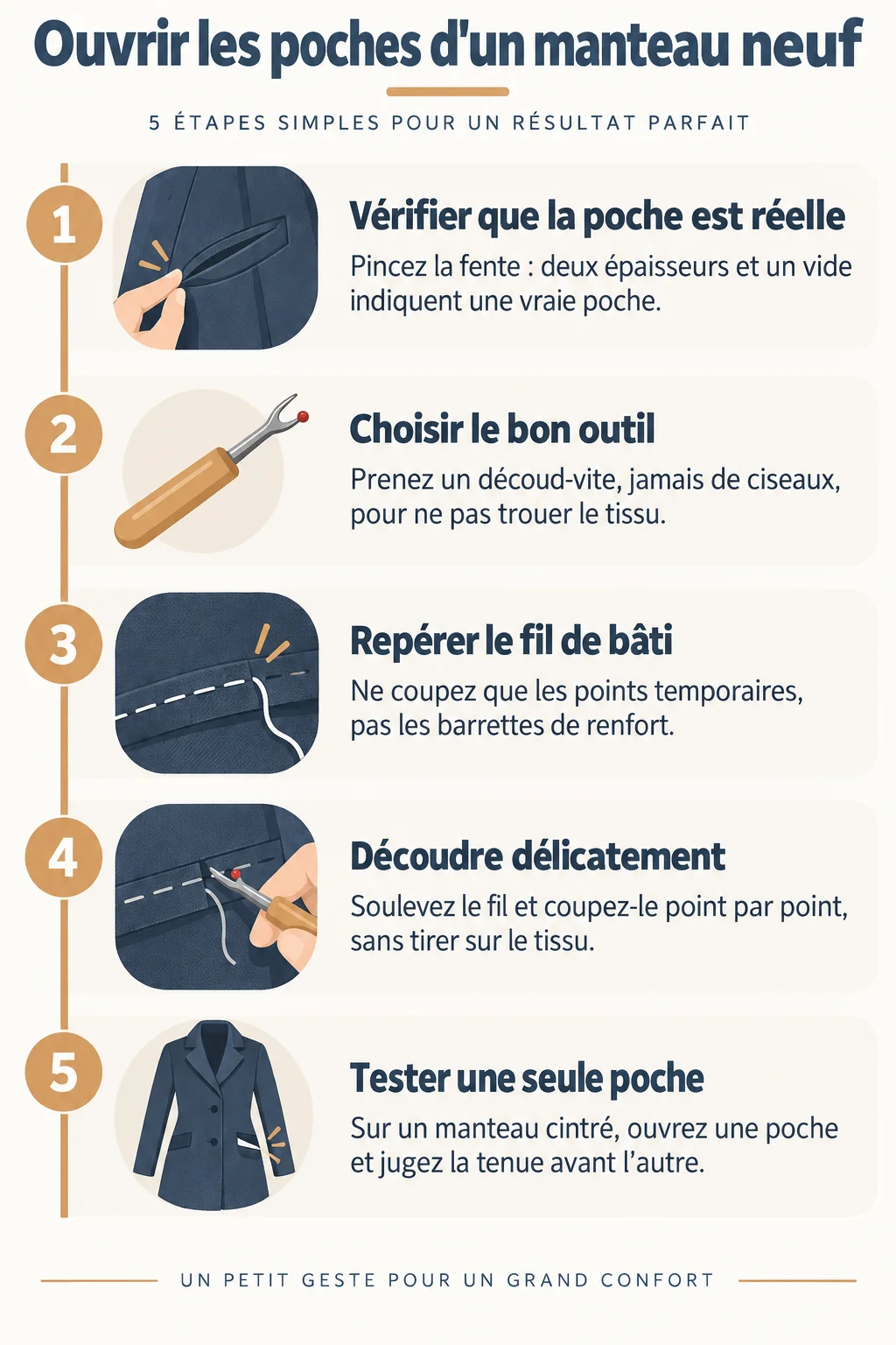 Ouvrir les poches d'un manteau neuf : 1. Vérifier que la poche est réelle, 2. Choisir le bon outil, 3. Repérer le fil de bâti, 4. Découdre délicatement, 5. Tester une seule poche