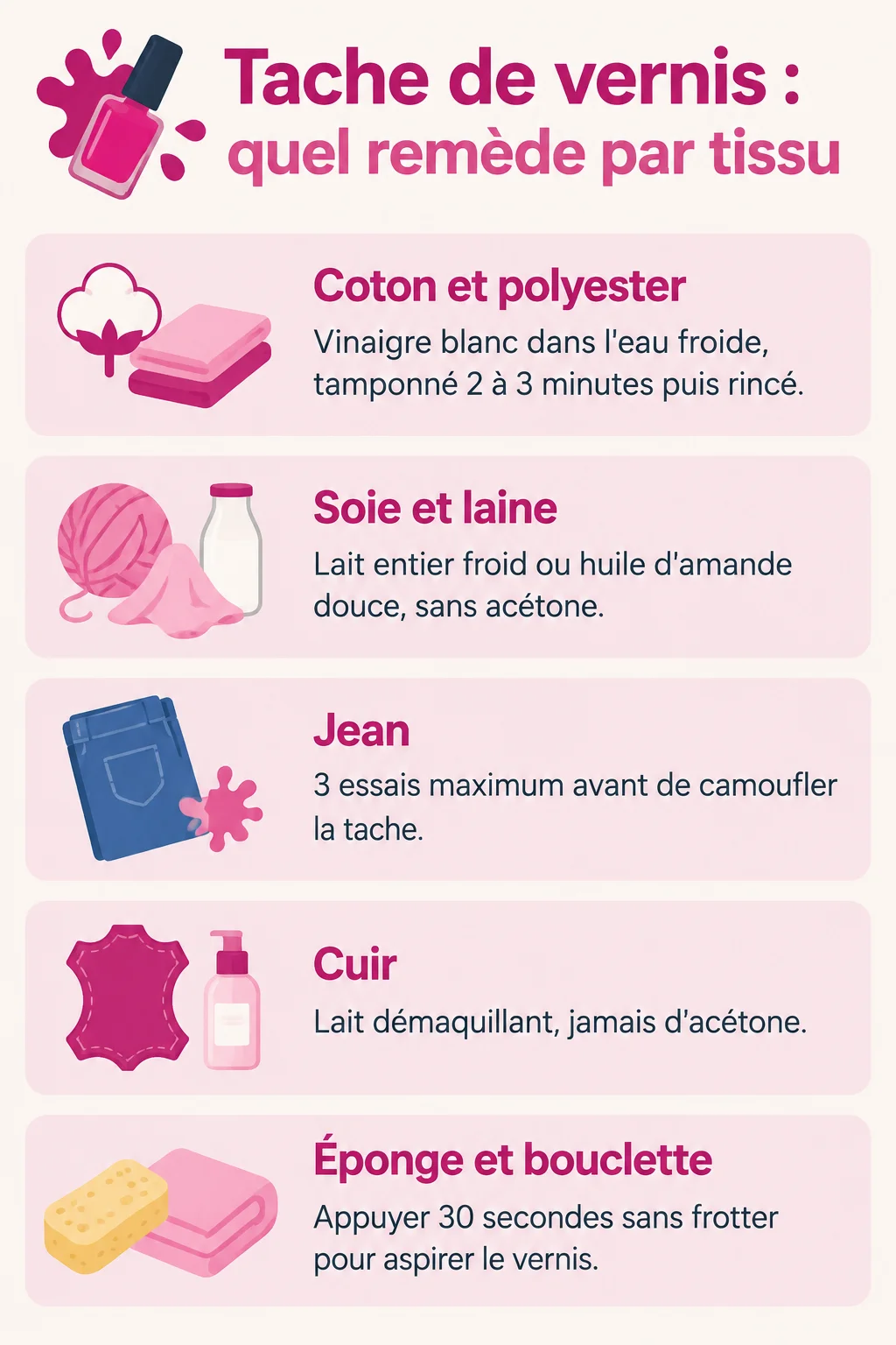Tache de vernis : quel remède par tissu : Coton et polyester, Soie et laine, Jean, Cuir, Éponge et bouclette