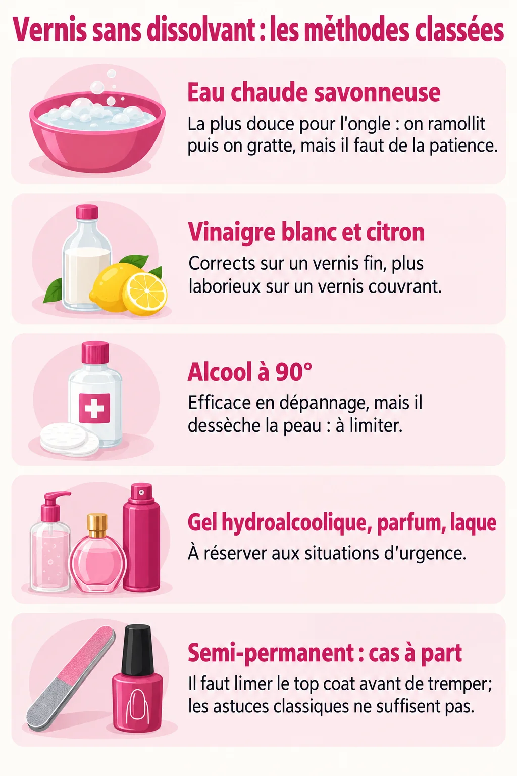 Vernis sans dissolvant : les méthodes classées : Eau chaude savonneuse, Vinaigre blanc et citron, Alcool à 90°, Gel hydroalcoolique, parfum, laque, Semi-permanent : cas à part