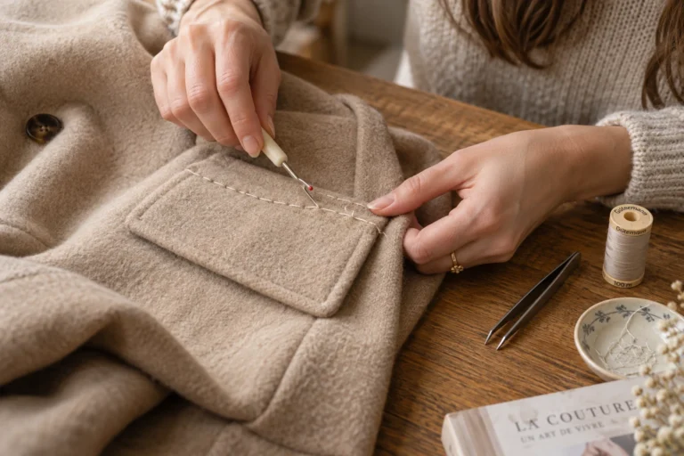 Découd-vite coupant le fil de bâti d'une poche de manteau en laine beige