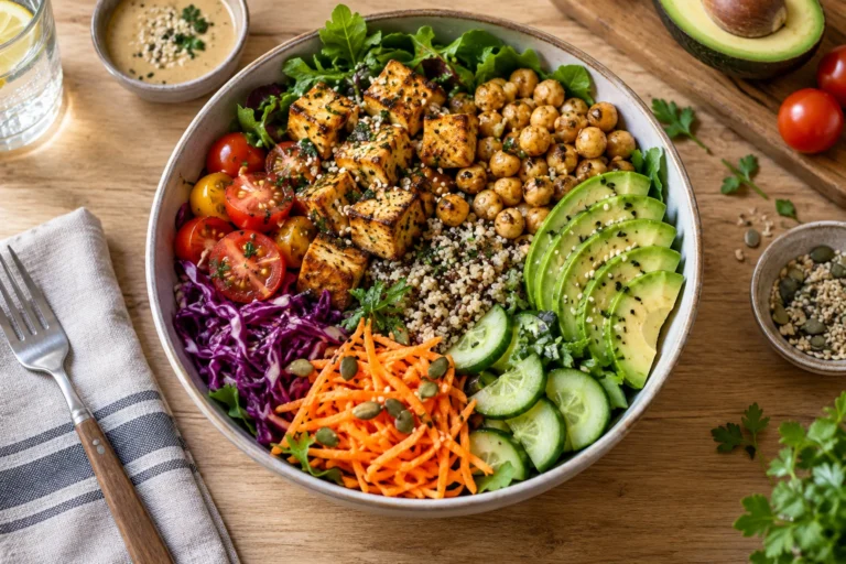 Bol de pois chiches, tofu, quinoa et légumes frais posé sur une table en bois