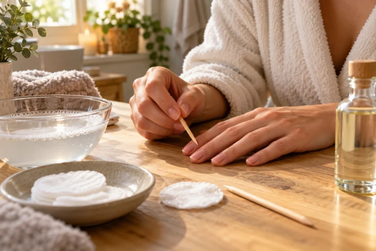 Mains de femme retirant du vernis à l'aide d'un coton, d'un bol d'eau chaude et d'un bâtonnet de buis