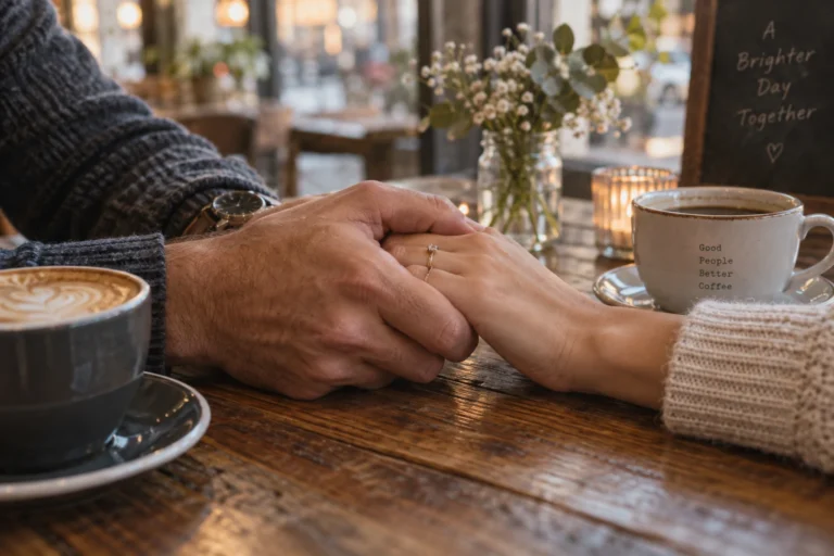 Deux mains enlacées sur une table, symbole de tendresse et d'amour partagé