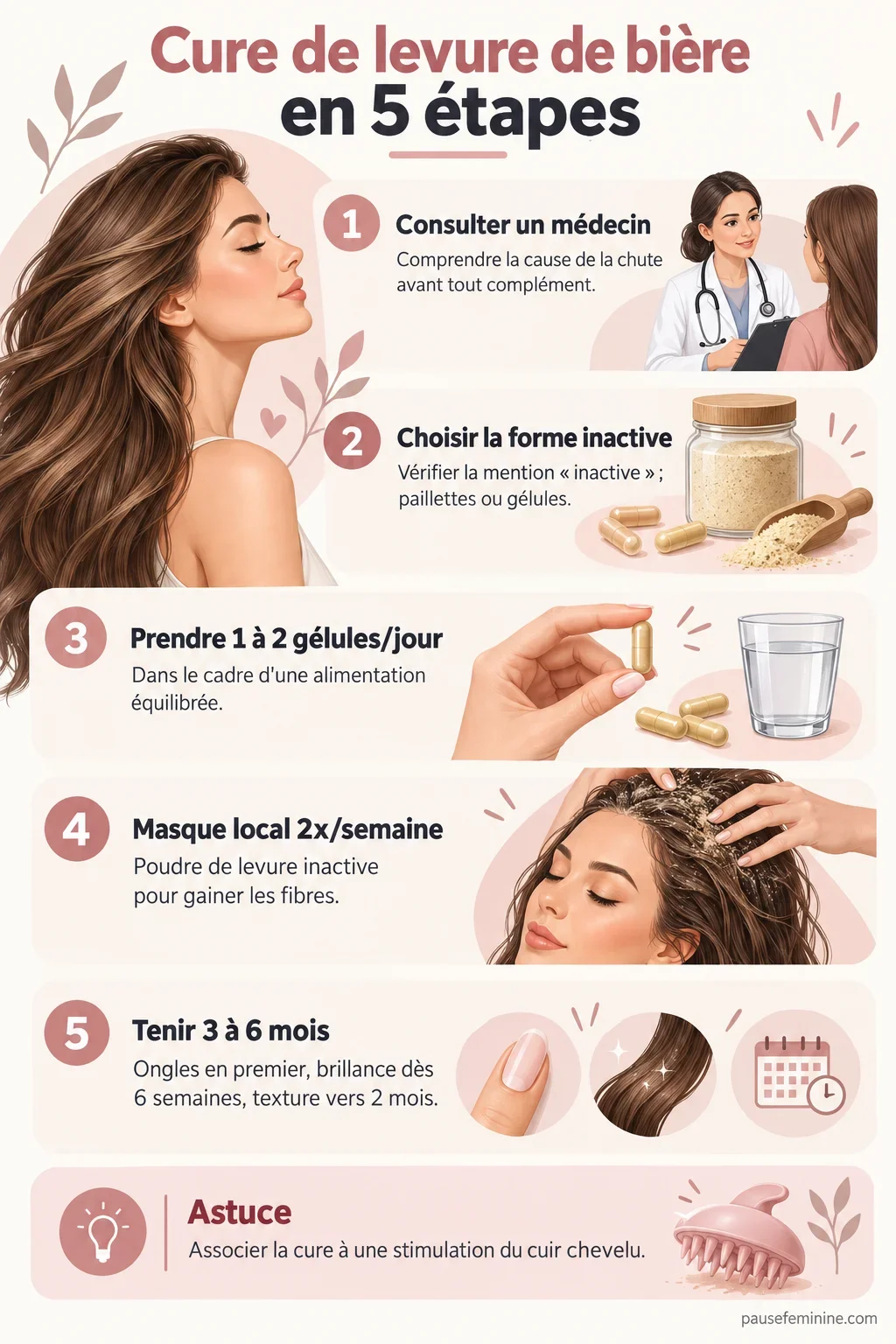 Schéma des 5 étapes d'une cure de levure de bière pour des cheveux plus forts : avis médical, forme inactive, dosage, masque, durée