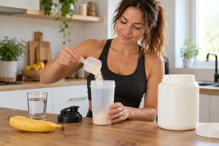 Femme préparant un shaker de protéines en poudre dans une cuisine lumineuse avec un verre d'eau et une banane