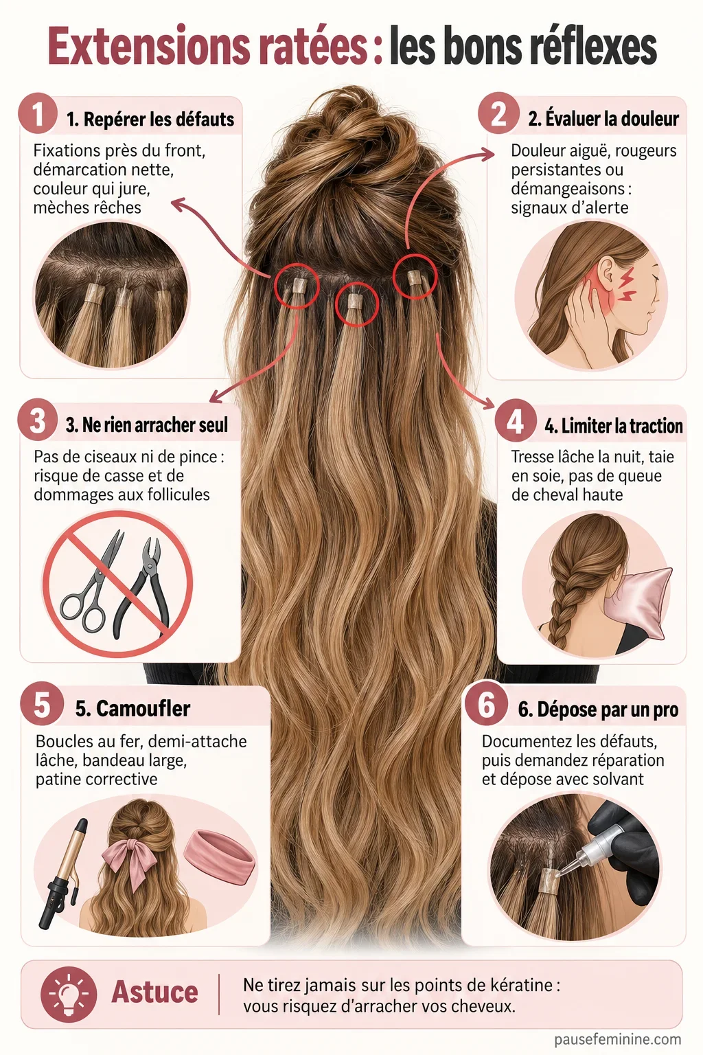 Schéma en six étapes pour réagir à une pose d'extensions de cheveux ratée, du diagnostic à la dépose par un professionnel