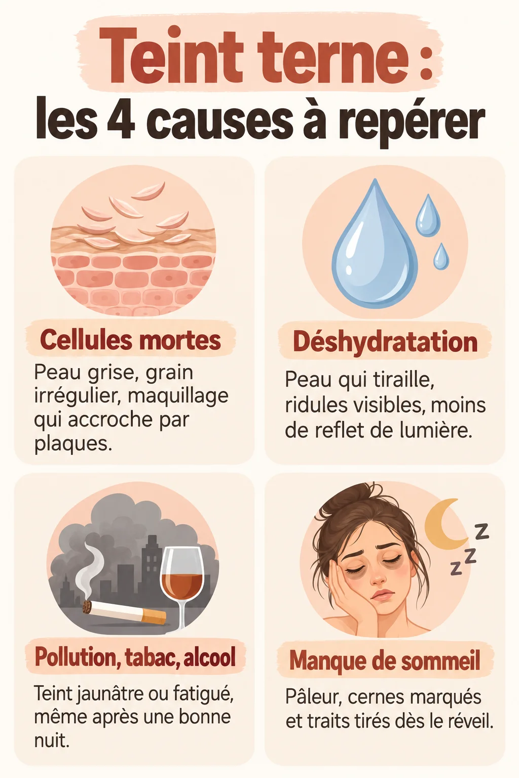 Teint terne : les 4 causes à repérer : Cellules mortes, Déshydratation, Pollution, tabac, alcool, Manque de sommeil