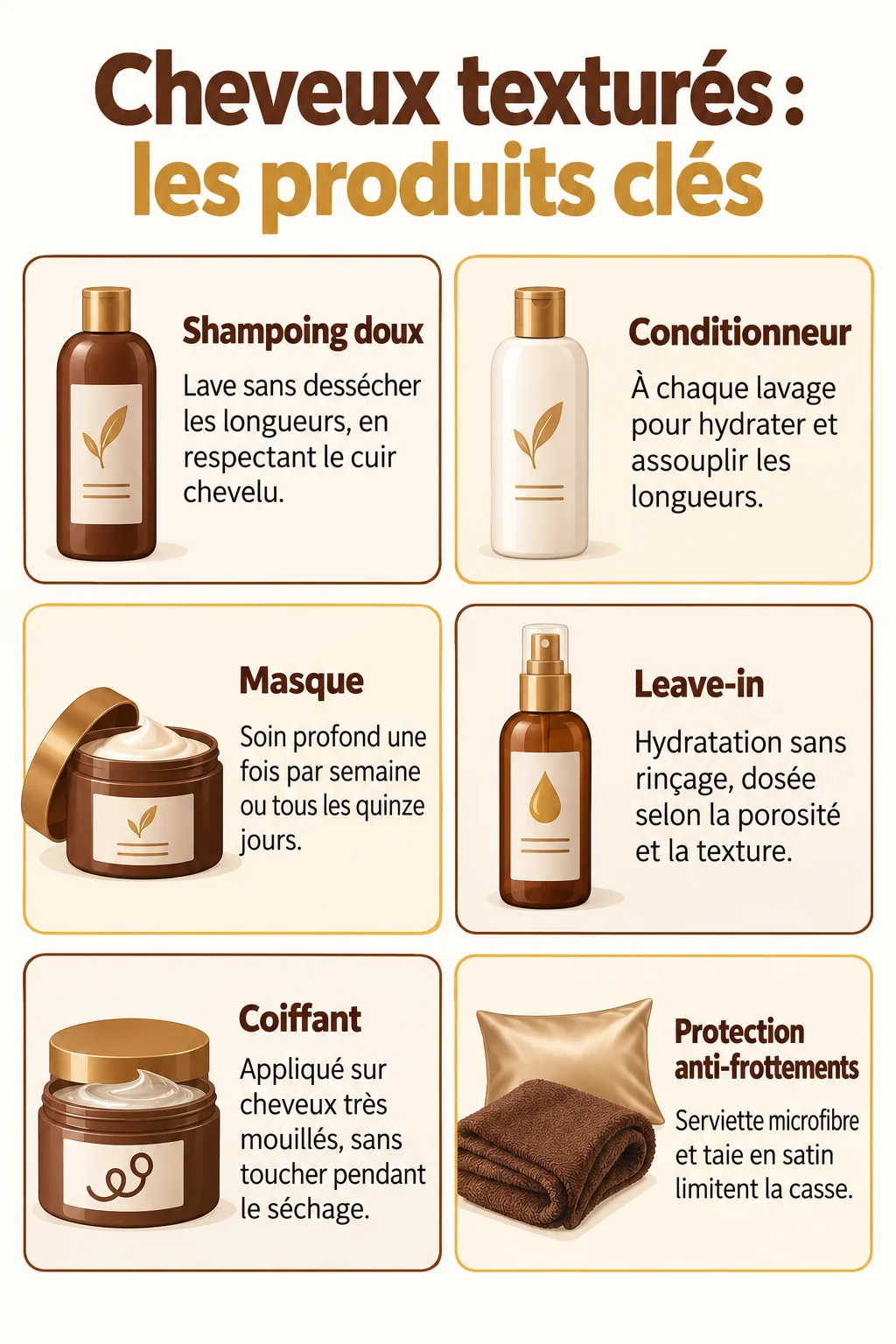 Cheveux texturés : les produits clés : Shampoing doux, Conditionneur, Masque, Leave-in, Coiffant, Protection anti-frottements