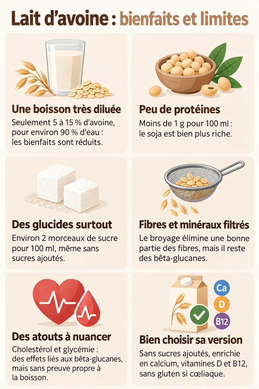 Lait d'avoine : bienfaits et limites : Une boisson très diluée, Peu de protéines, Des glucides surtout, Fibres et minéraux filtrés, Des atouts à nuancer, Bien choisir sa version