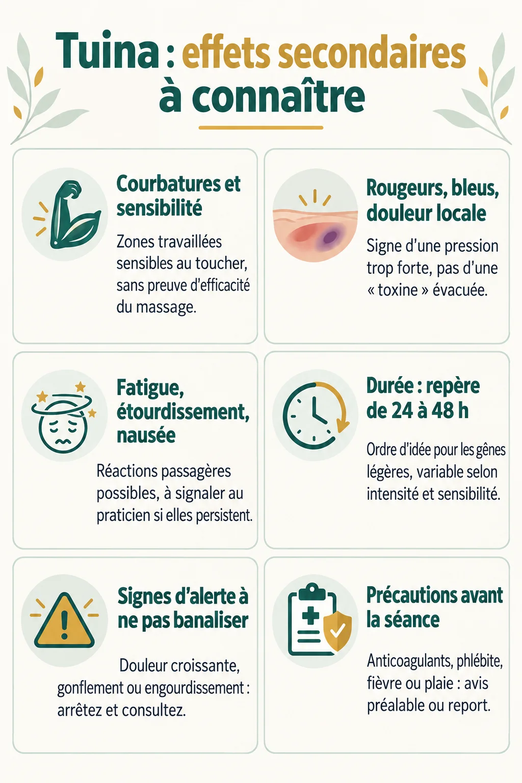 Tuina : effets secondaires à connaître : Courbatures et sensibilité, Rougeurs, bleus, douleur locale, Fatigue, étourdissement, nausée, Durée : repère de 24 à 48 h, Signes d'alerte à ne pas banaliser, Précautions avant la séance