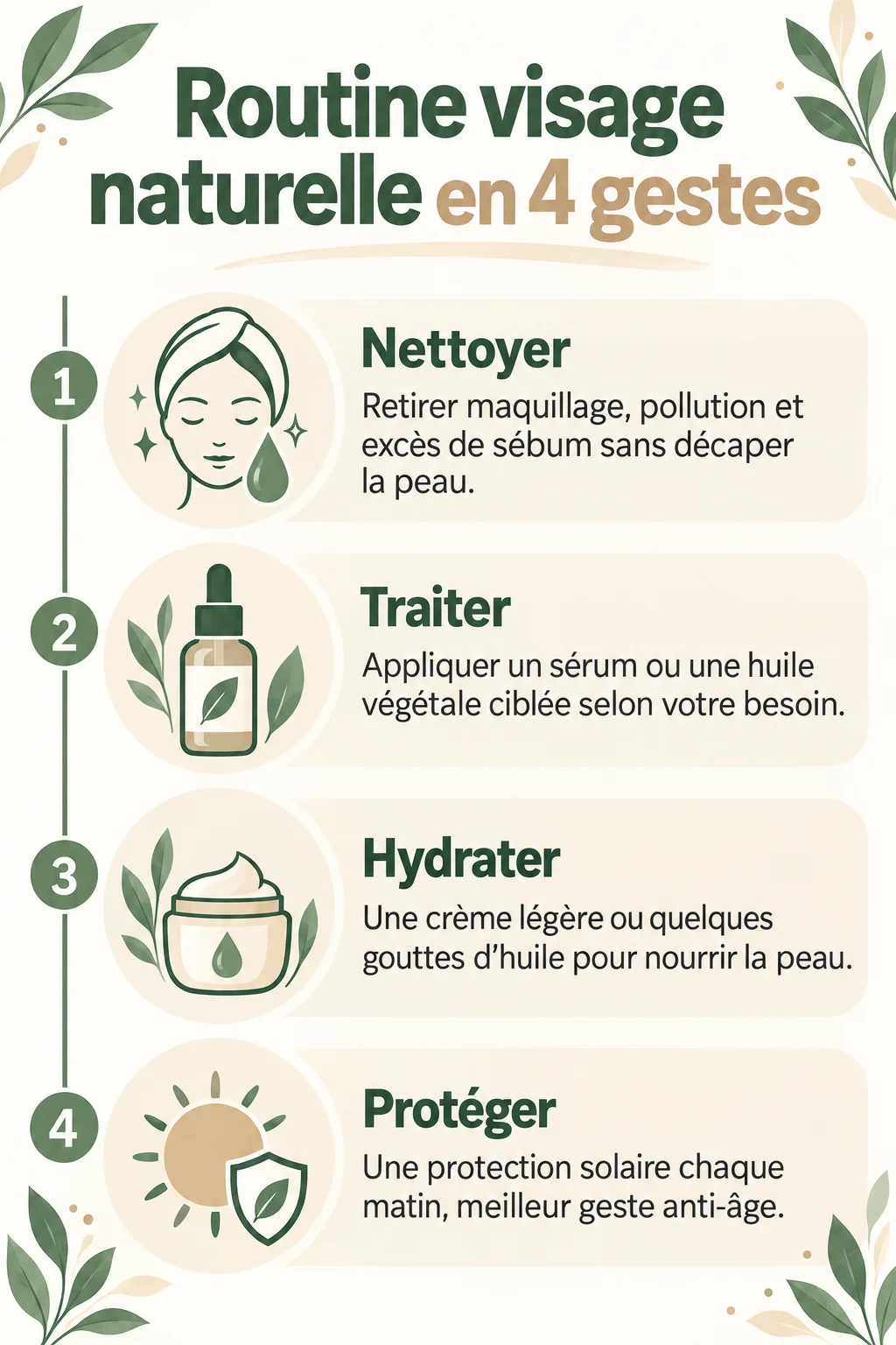 Routine visage naturelle en 4 gestes : 1. Nettoyer, 2. Traiter, 3. Hydrater, 4. Protéger