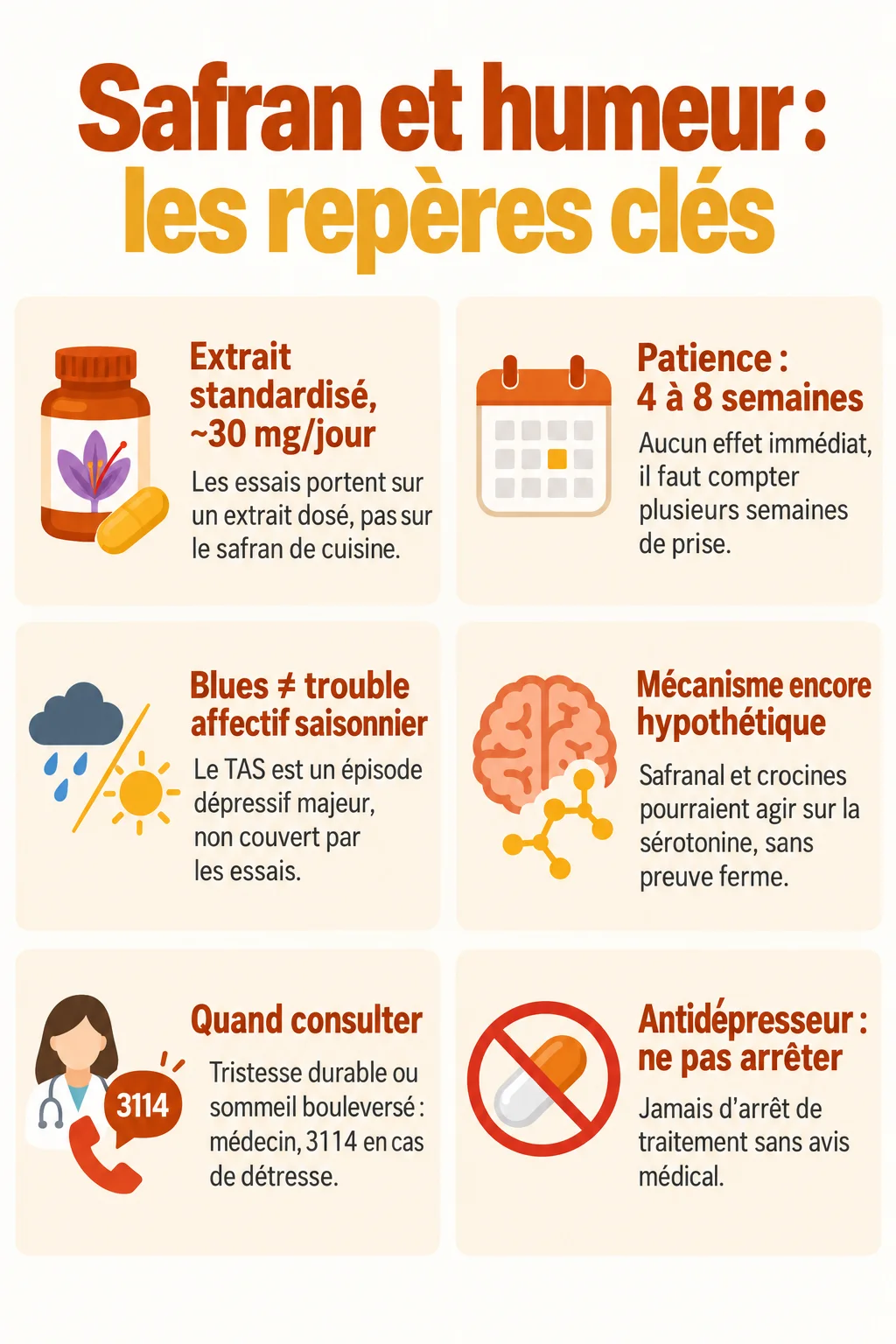 Safran et humeur : les repères clés : Extrait standardisé, ~30 mg/jour, Patience : 4 à 8 semaines, Blues ≠ trouble affectif saisonnier, Mécanisme encore hypothétique, Quand consulter, Antidépresseur : ne pas arrêter
