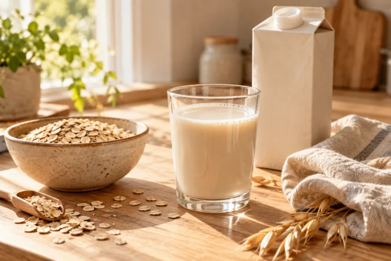 Verre de lait d'avoine, bol de flocons et brique ouverte sur une table en bois