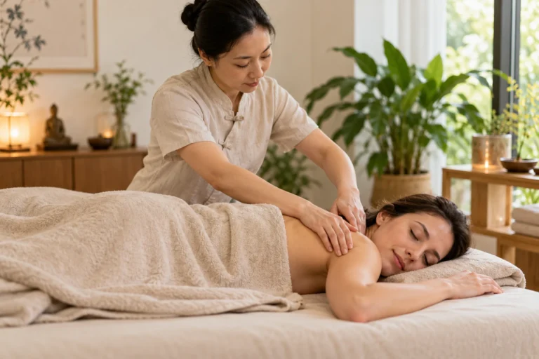 Praticienne réalisant un massage Tuina sur l'épaule d'une cliente dans un cabinet calme et lumineux