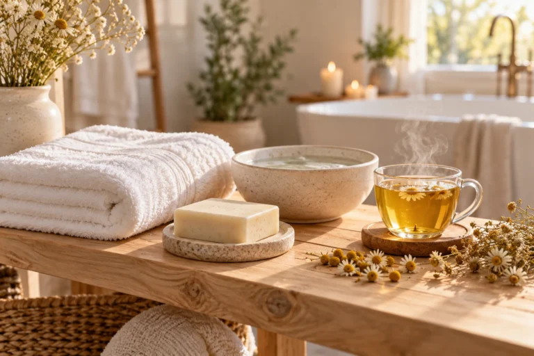 Salle de bain douce avec serviette en coton, savon neutre et tisane de camomille pour l'hygiène intime