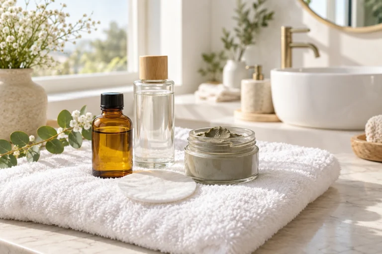Flacons d'huile végétale, hydrolat et argile posés sur une serviette pour une routine visage naturelle