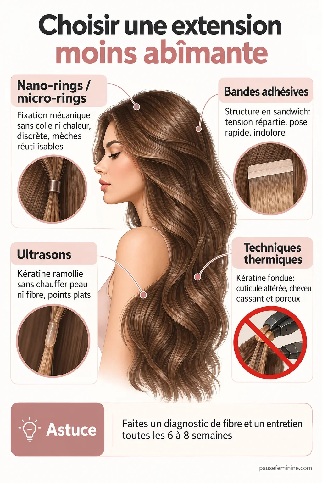 Schéma comparant nano-rings, bandes adhésives, ultrasons et techniques thermiques pour une extension de cheveux moins abîmante