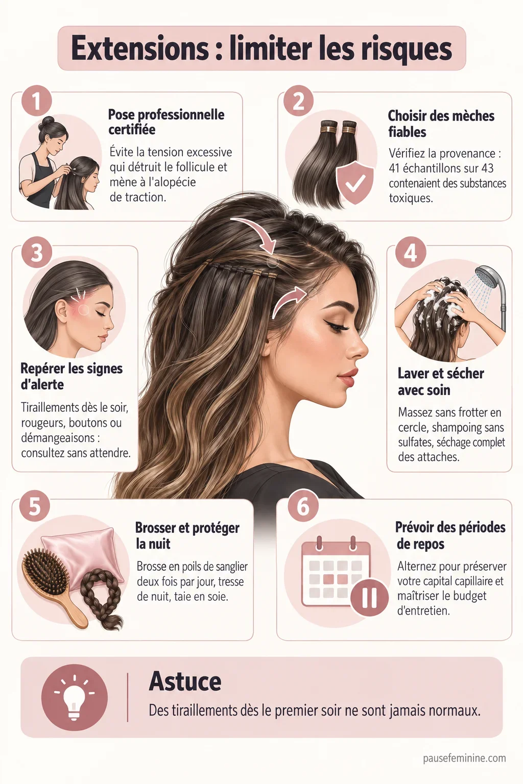 Schéma en six étapes pour limiter les risques des extensions de cheveux : pose certifiée, mèches fiables, signes d'alerte, entretien, repos.