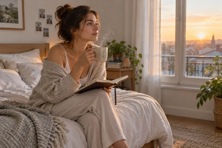 Femme pensive au réveil avec une tasse de thé et un carnet, lumière douce du matin dans sa chambre